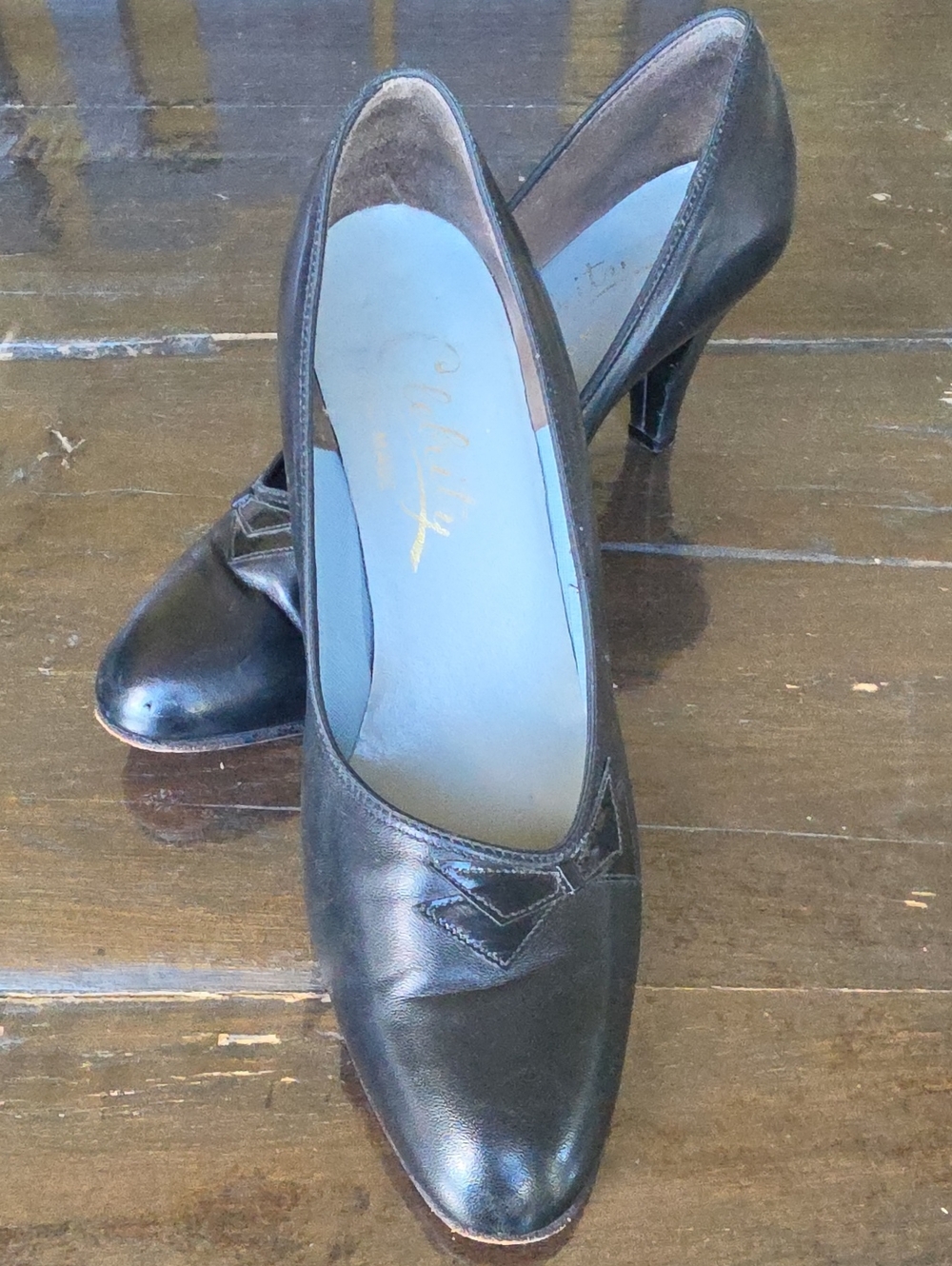 (8B) Black Leather Women's Mid Heel Pumps 60s Classic Modest Vintage Office Date